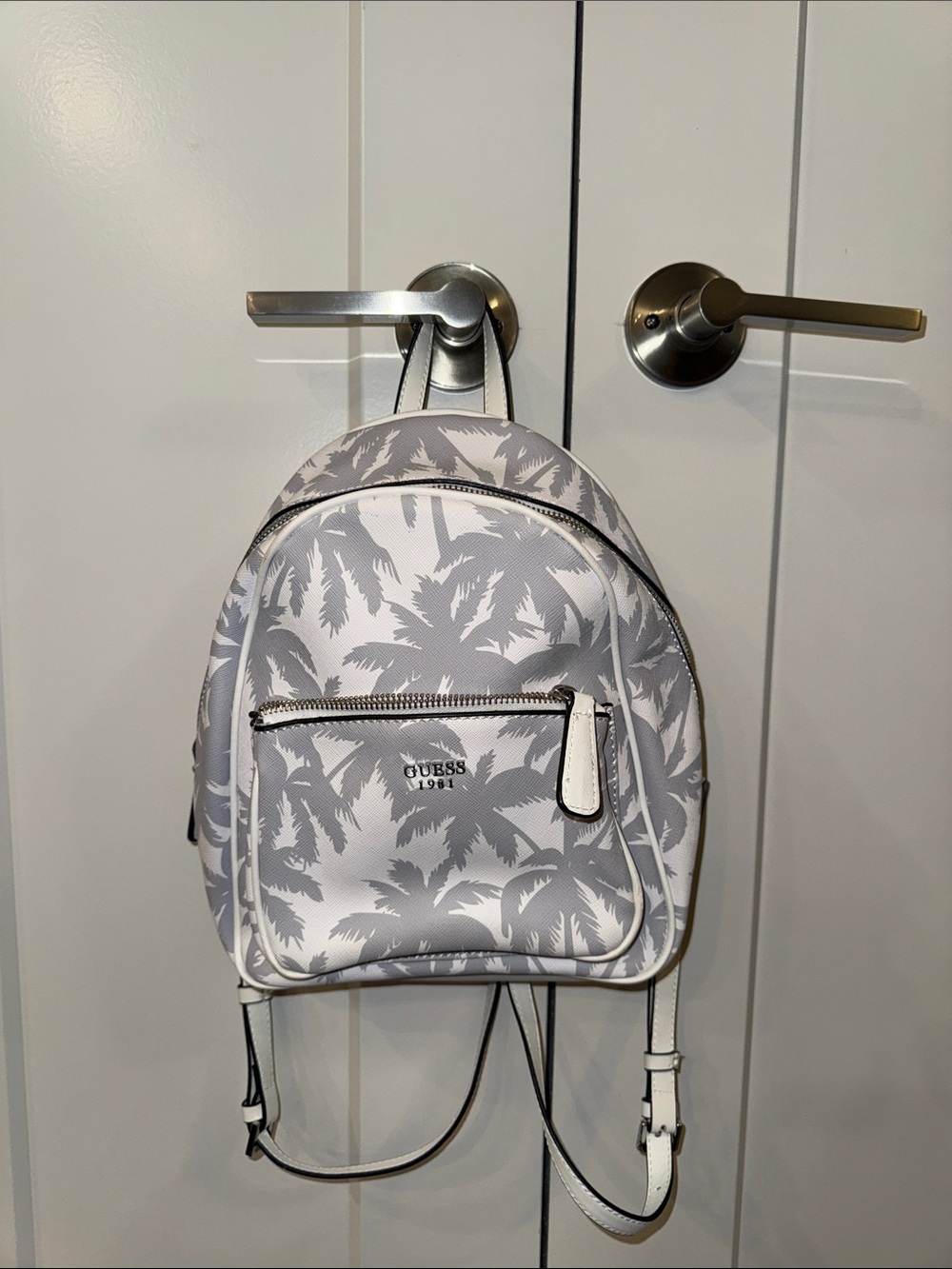 GUESS White & Light Gray Palm-Print Mini Backpack